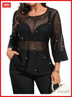 Plus Size Mesh Top 3/4 Sleeve Round Neck Pearl Beaded Sheer Blouse